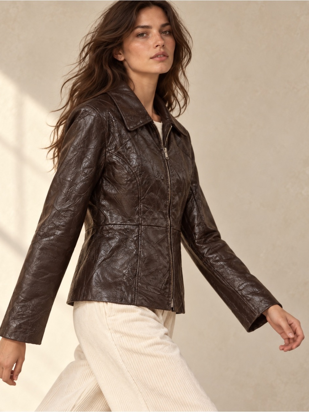 Milan Leather Womens Genuine Leather Patchwork Zip Jacket Y2K Brown M vintage